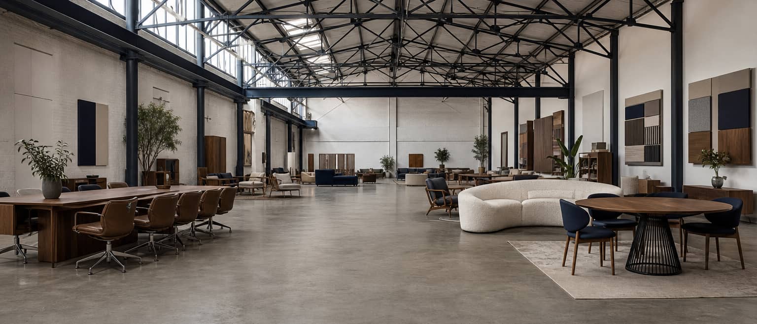 Galpão do showroom da Ommbo, com peças de catálogo dispostas ao longo do salão