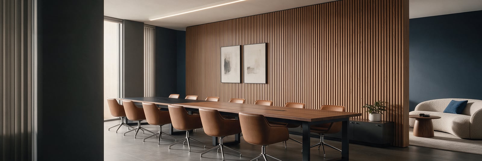 Sala de reunião corporativa mobiliada, com mesa longa em nogueira e cadeiras em couro caramelo