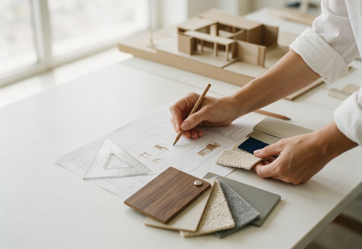 Mesa de escritório de arquitetura com ficha de especificação de mobiliário, escalímetro, amostras de nogueira e tecido e as mãos de uma arquiteta anotando