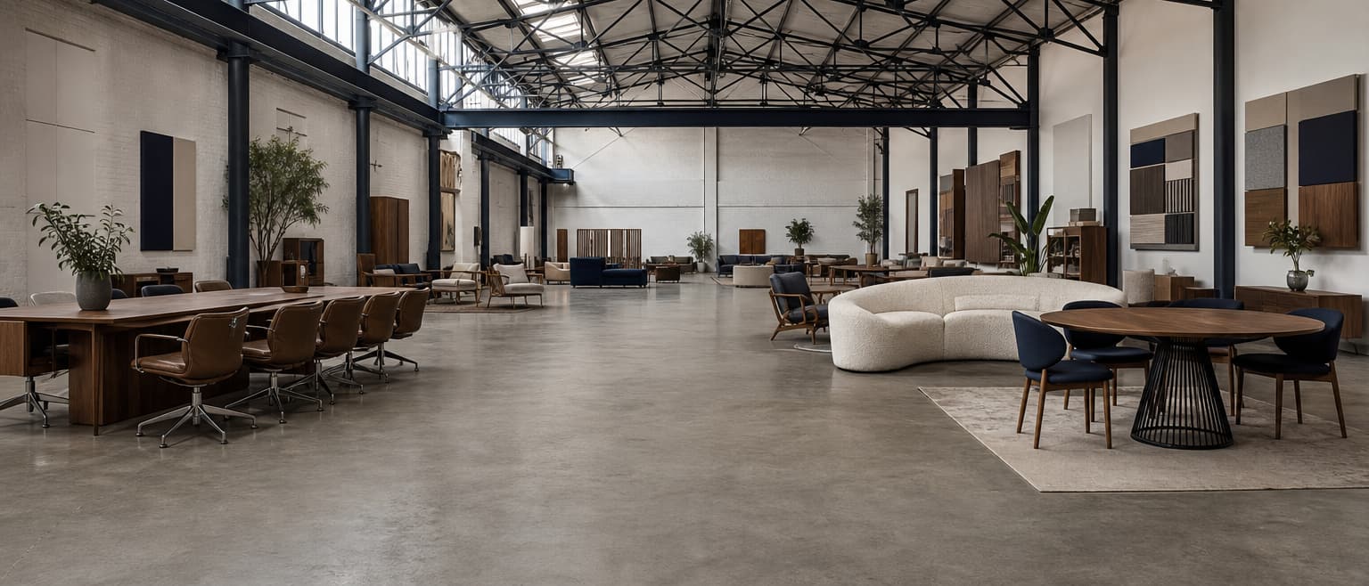 Showroom da Ommbo em galpão, com mesa de reunião, poltronas e amostras de acabamento expostas